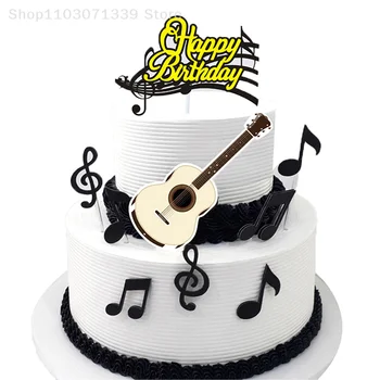 1 комплект музикални Ноти Happy Birthday Cartoony Topper за торта, на Хартиен флаг за кифли, Китара, Детски Душ, Печене на торта за Рожден Ден, парти Украса - Изображение 1  